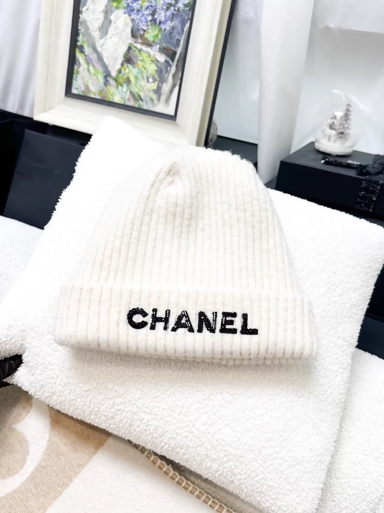 Chanel 22B Cream White Cashmere Sequined Logo Beanie