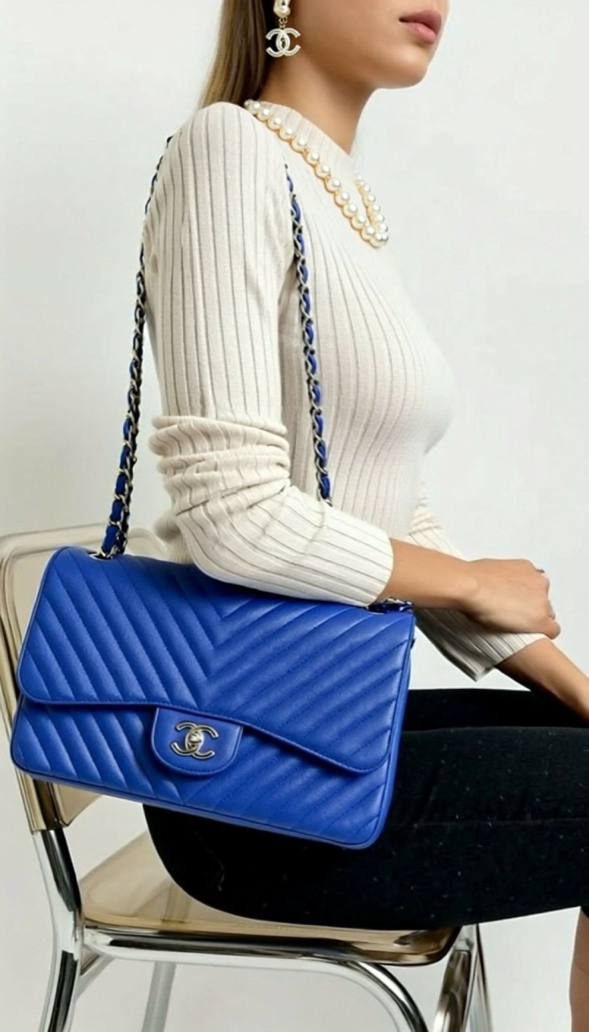 Chanel 2019 Caviar Royal Blue Jumbo Chevron Double Flap Timeless Classic Bag SHW