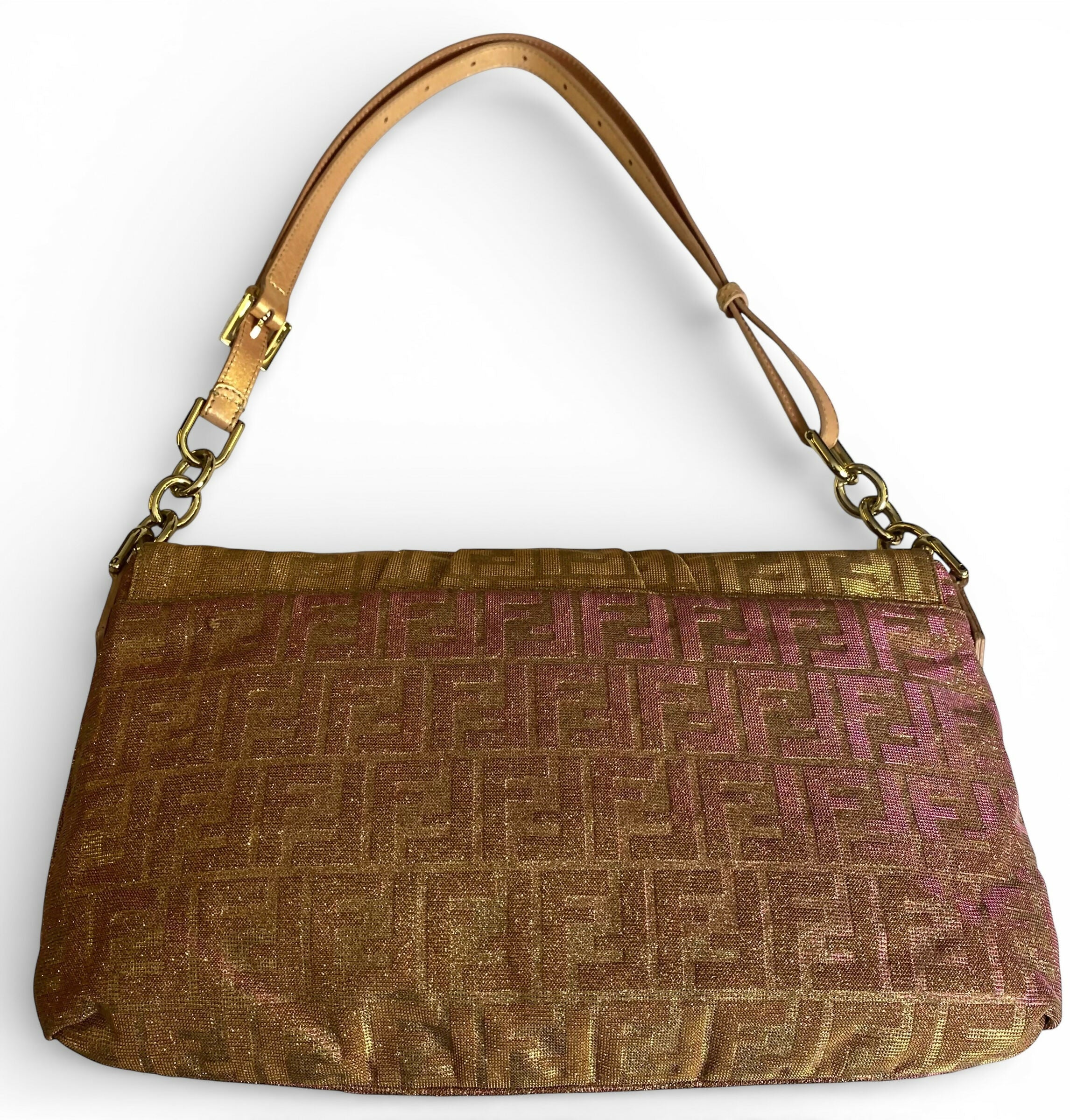 Limited Edition Fendi Zucca Baguette Metallic Pink Gold Iridescent Large Mia Bag