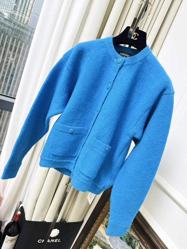 Chanel 22B turquoise blue oversized cashmere cardigan