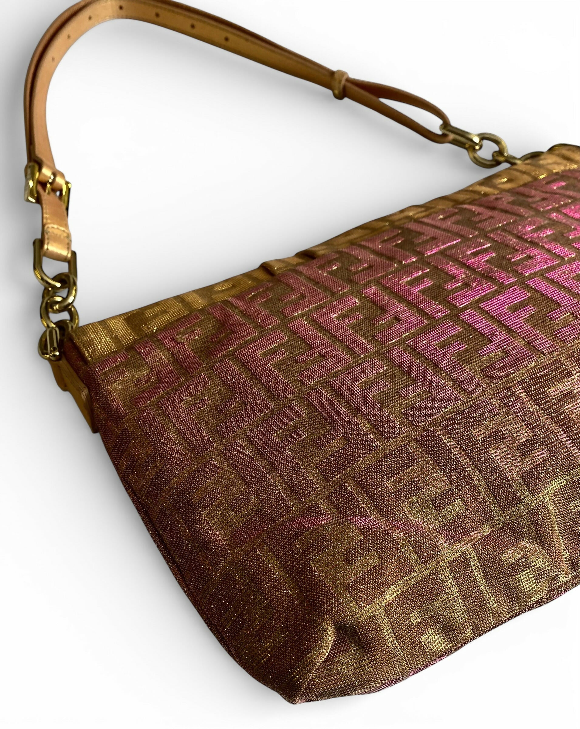 Limited Edition Fendi Zucca Baguette Metallic Pink Gold Iridescent Large Mia Bag