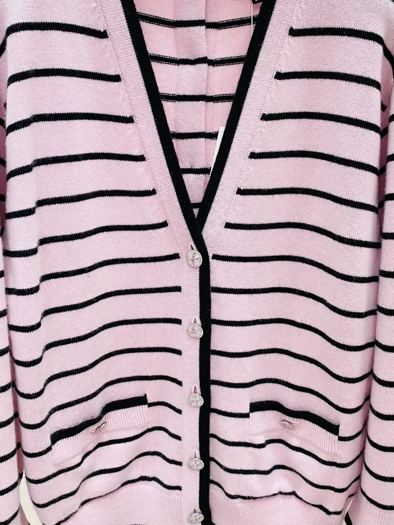 Chanel 25SS Pink and Black Striped Cashmere Cardigan