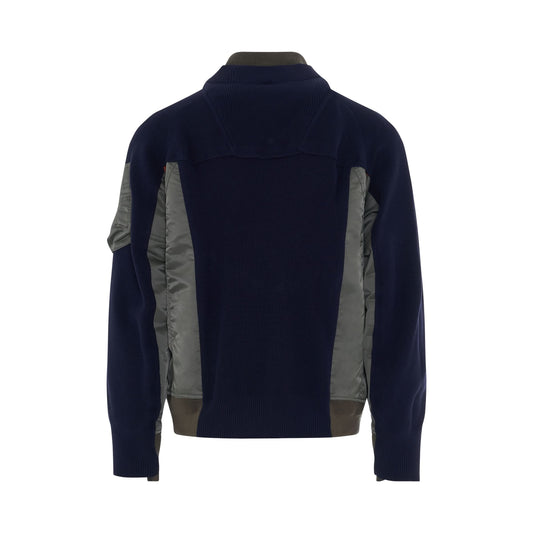 Nylon Twill Mix Knit Classic Jacket in Navy