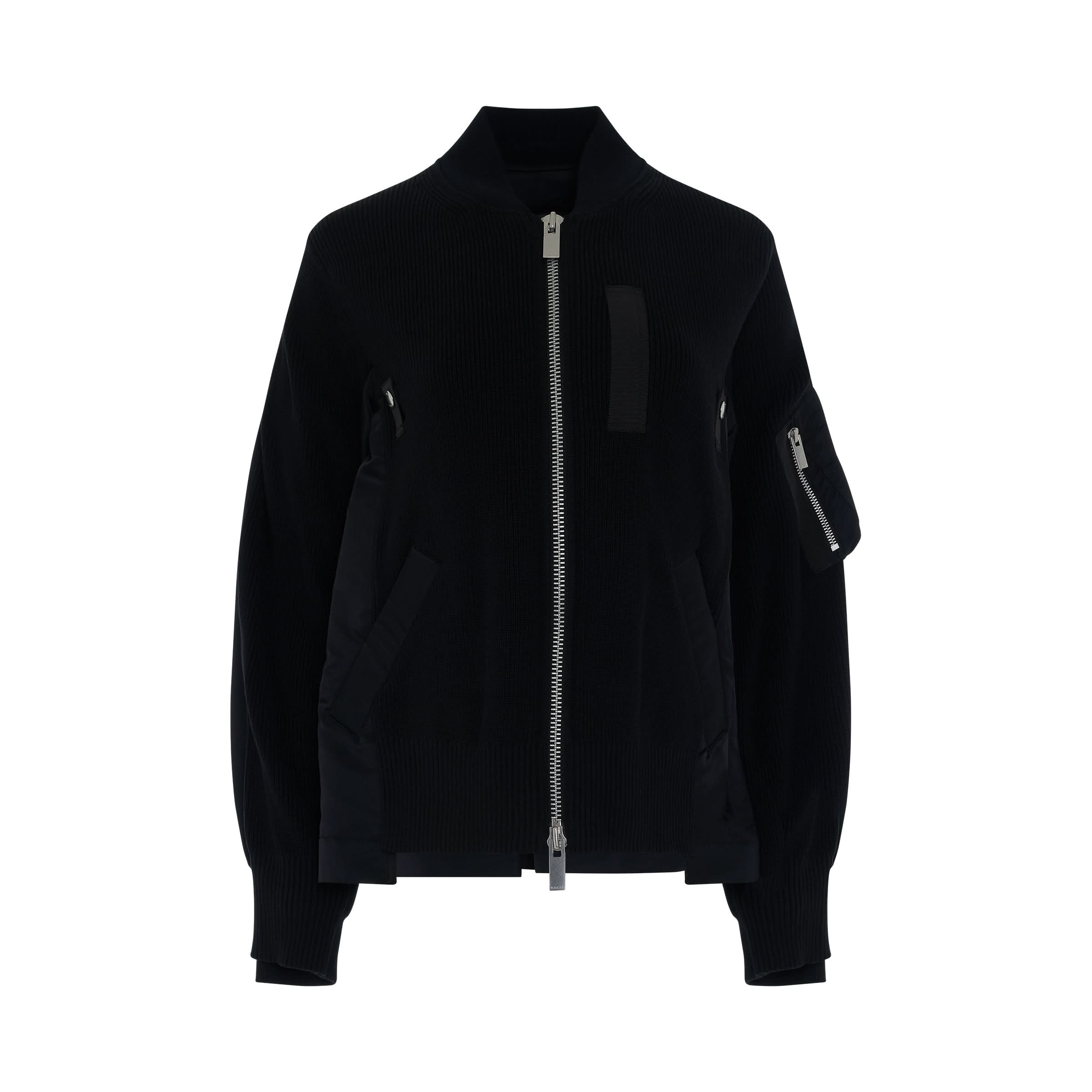 Nylon Twill Mix Knit Jacket in Black