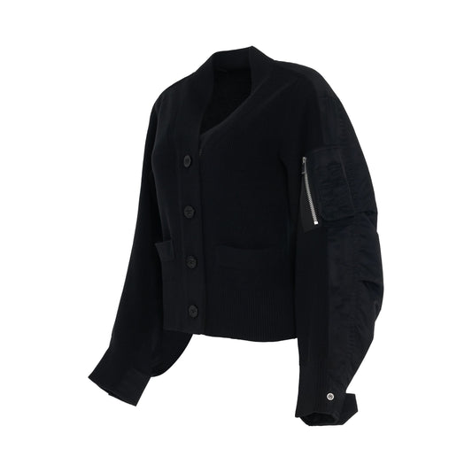 Nylon Twill Mix Knit Cardigan in Black