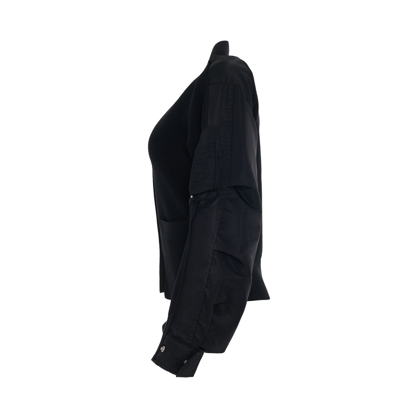 Nylon Twill Mix Knit Cardigan in Black