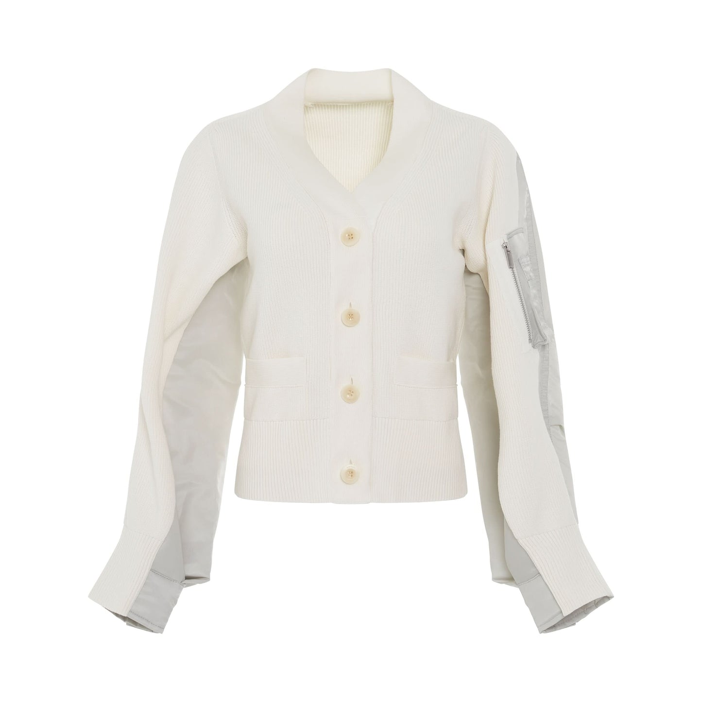 Nylon Twill Mix Knit Cardigan in Off White