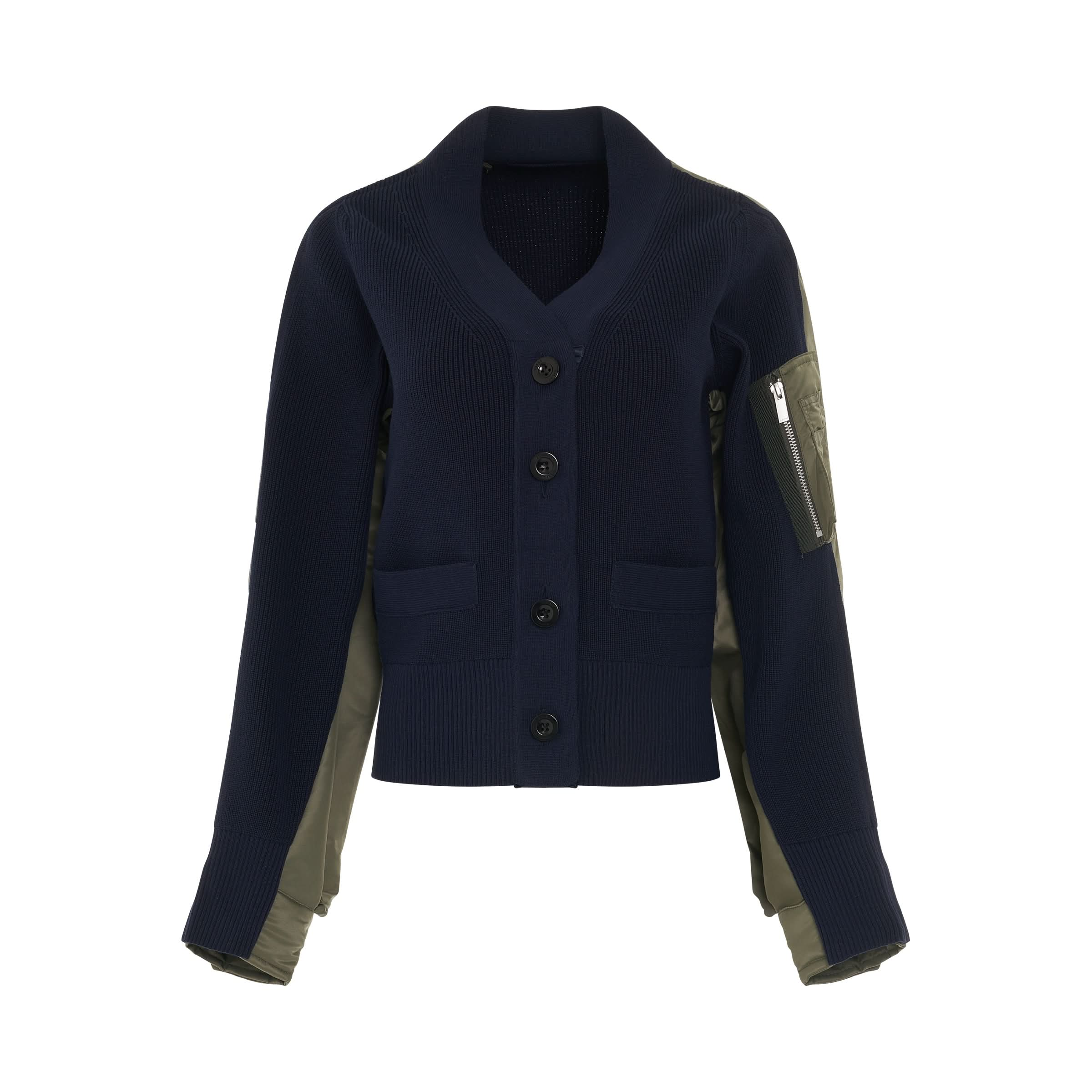 Nylon Twill Mix Knit Cardigan in Navy