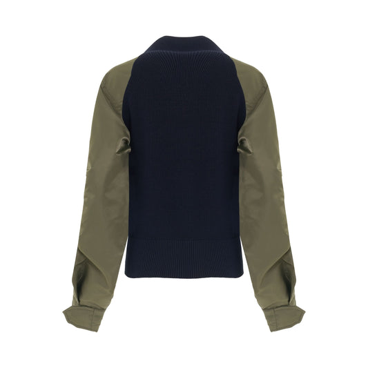 Nylon Twill Mix Knit Cardigan in Navy