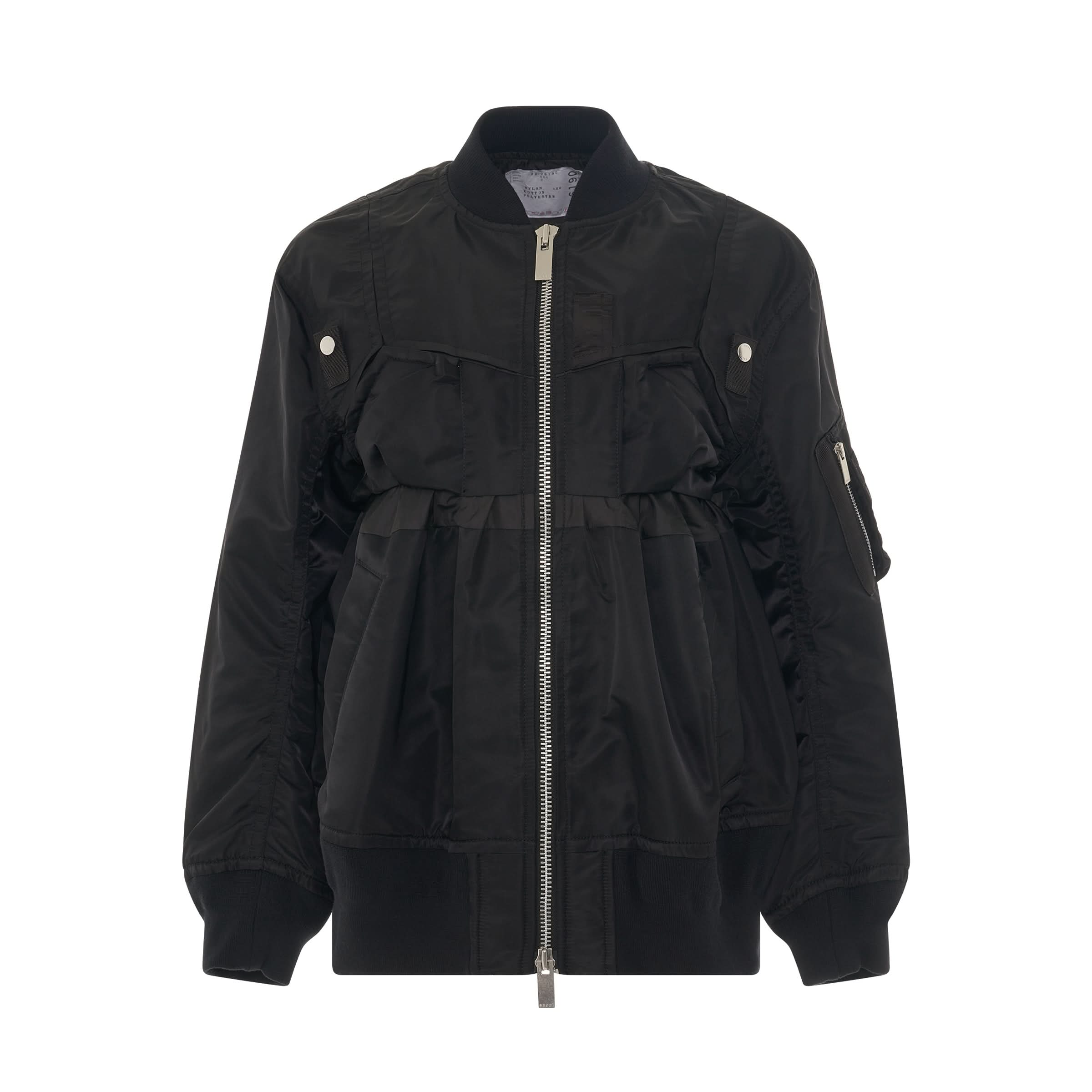 Nylon Twill Mix Zip Jacket in Black