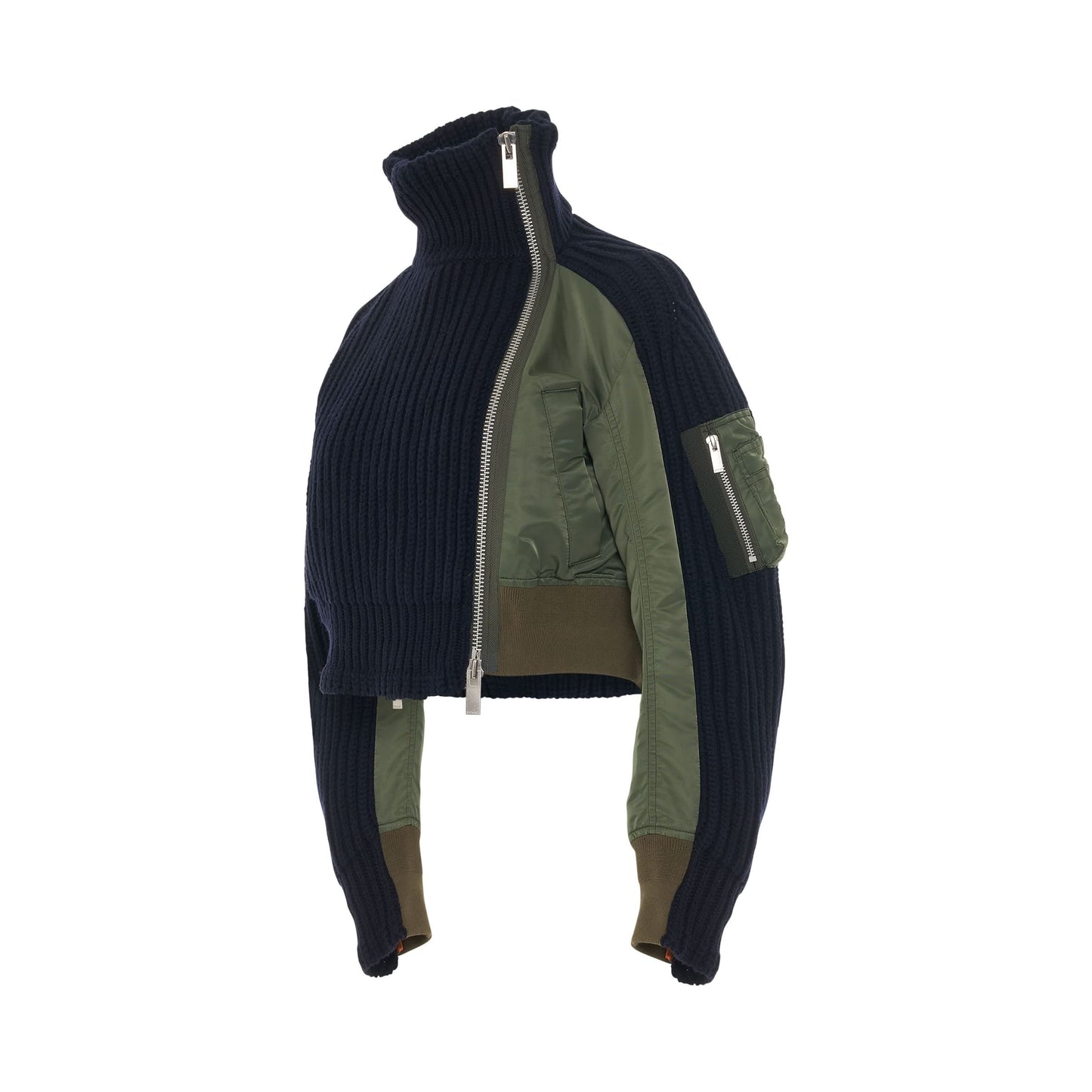 Nylon Twill Mix Wool Knit Jacket in Navy/Khaki