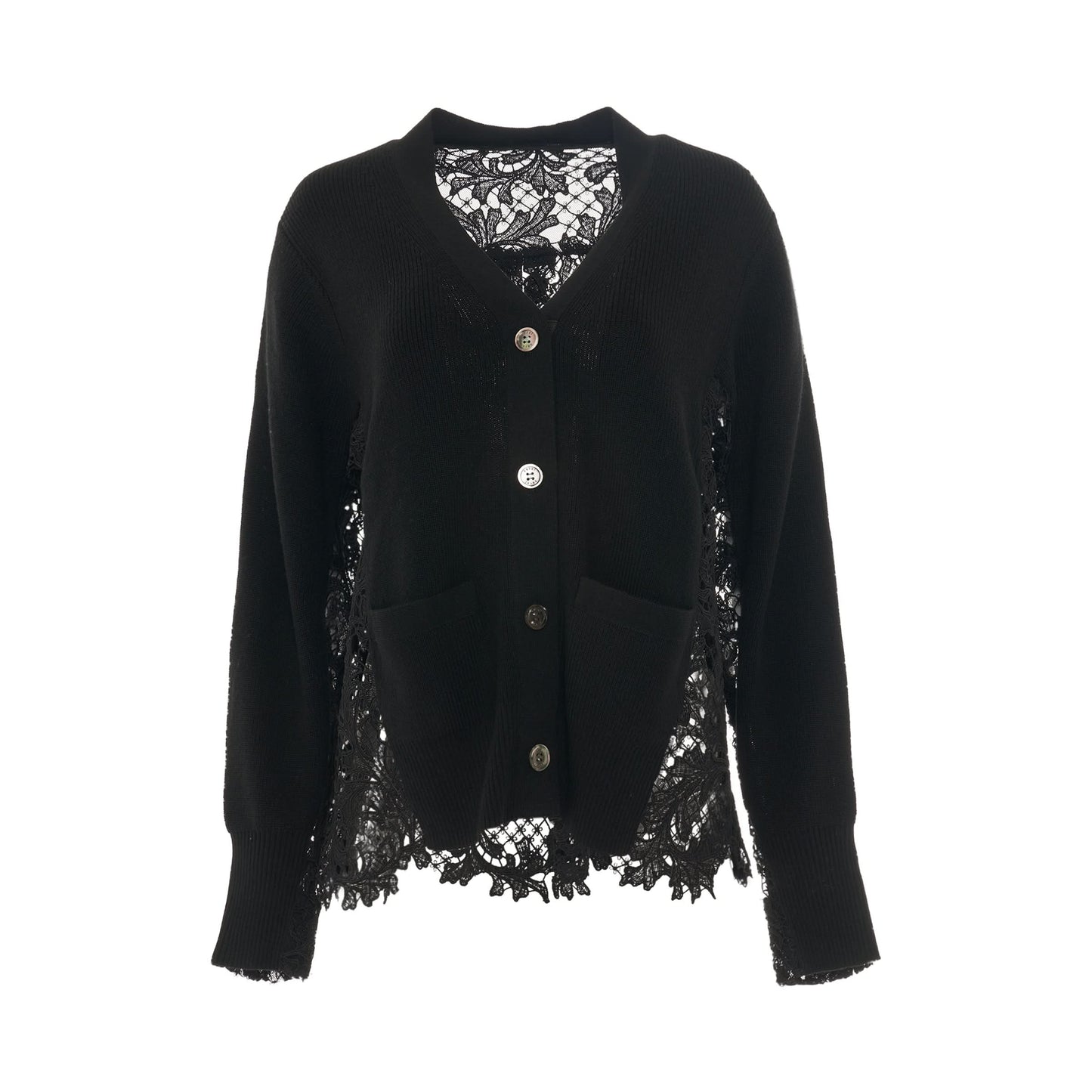 Embroidery Lace Wool Knit Cardigan in Black