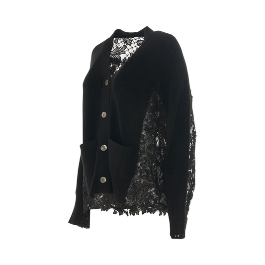 Embroidery Lace Wool Knit Cardigan in Black