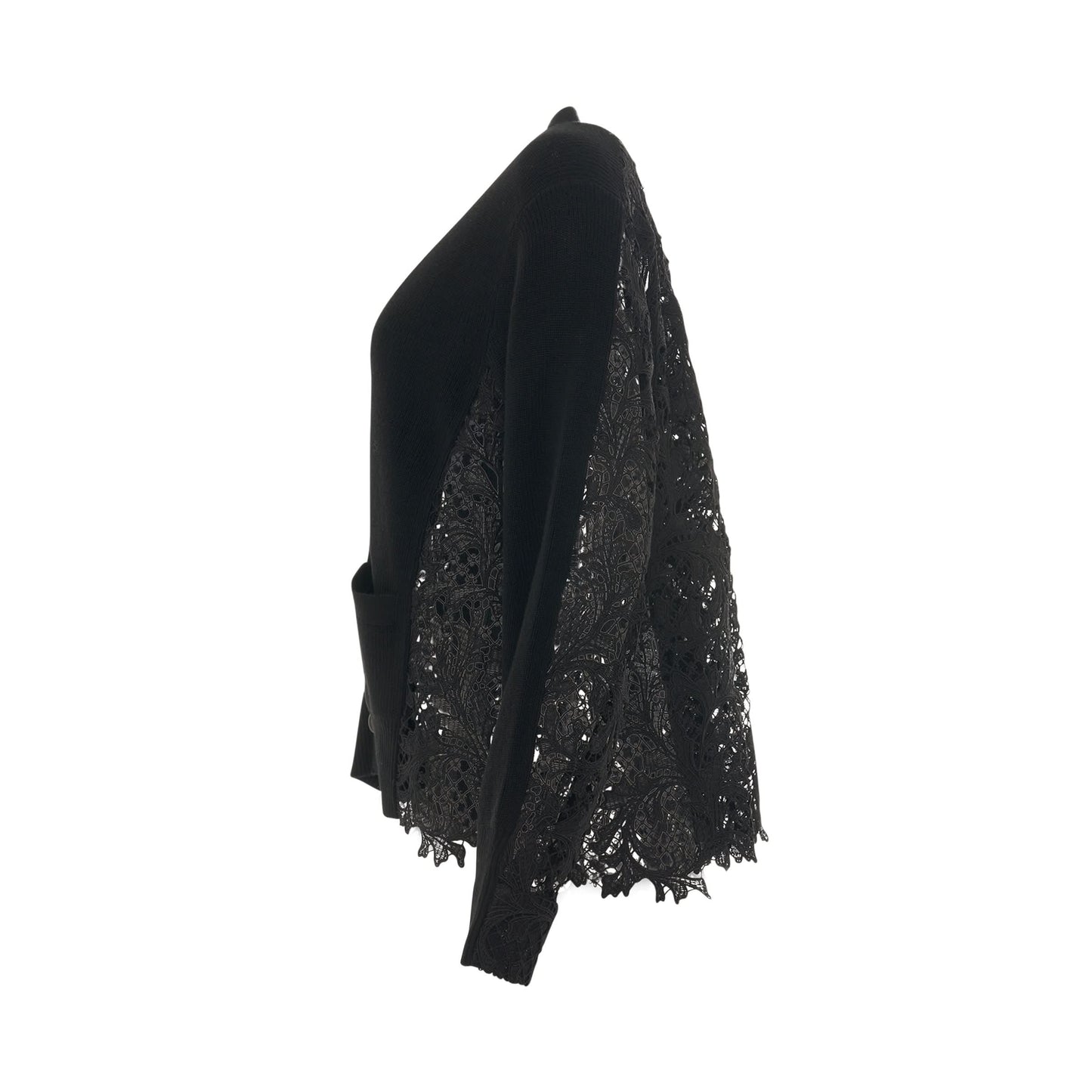 Embroidery Lace Wool Knit Cardigan in Black