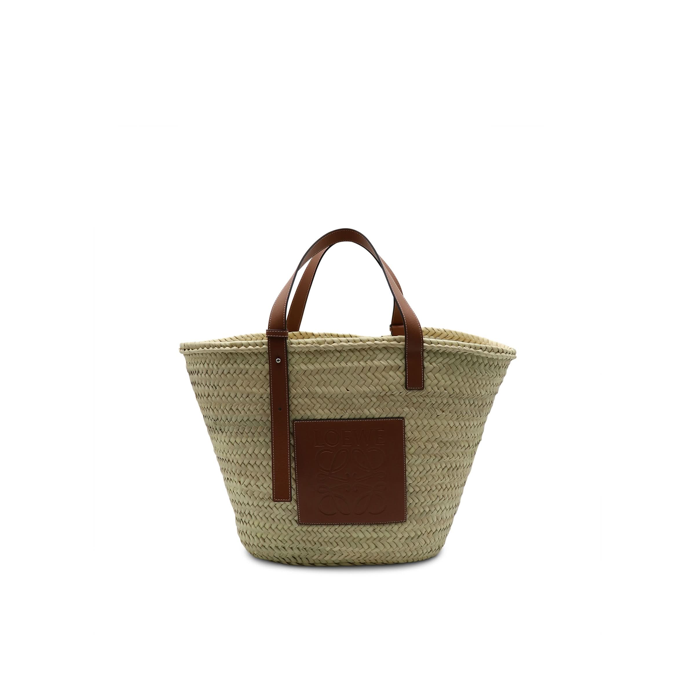 Large Basket Bag in Palm Leaf and Calfskin in Natural/Tan