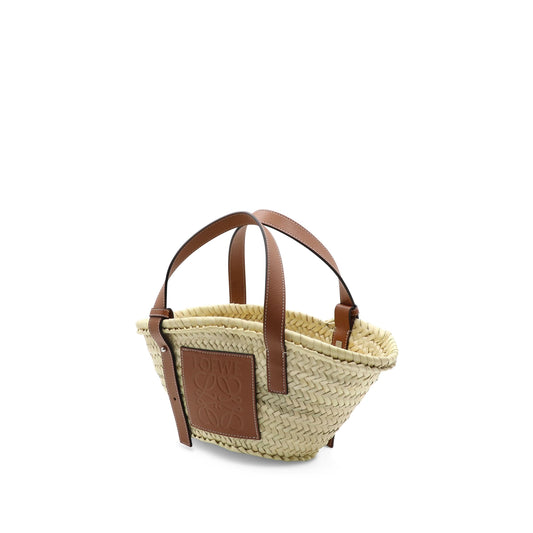 Small Basket Bag in Palm Leaf and Calfskin in Natural/Tan