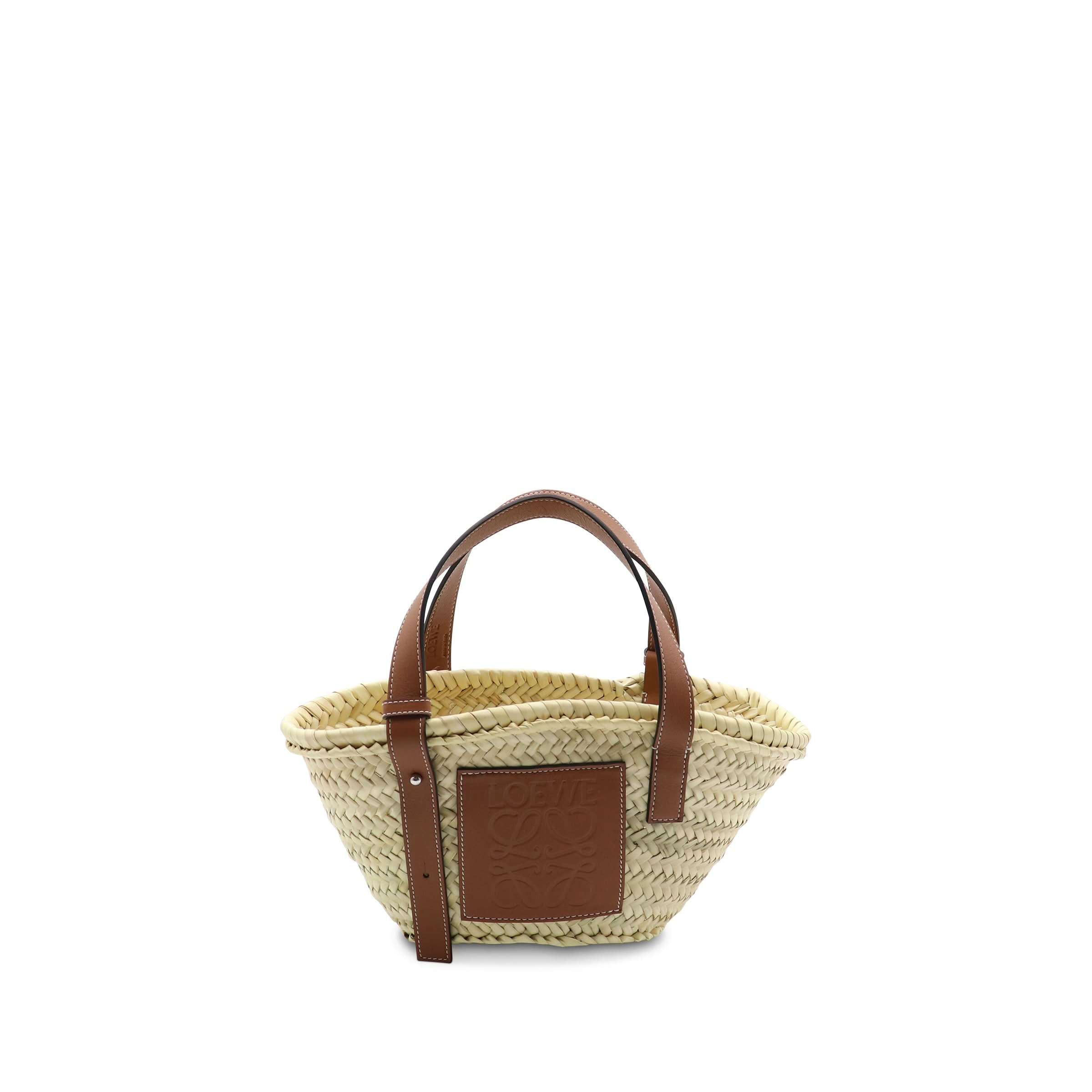 Small Basket Bag in Palm Leaf and Calfskin in Natural/Tan