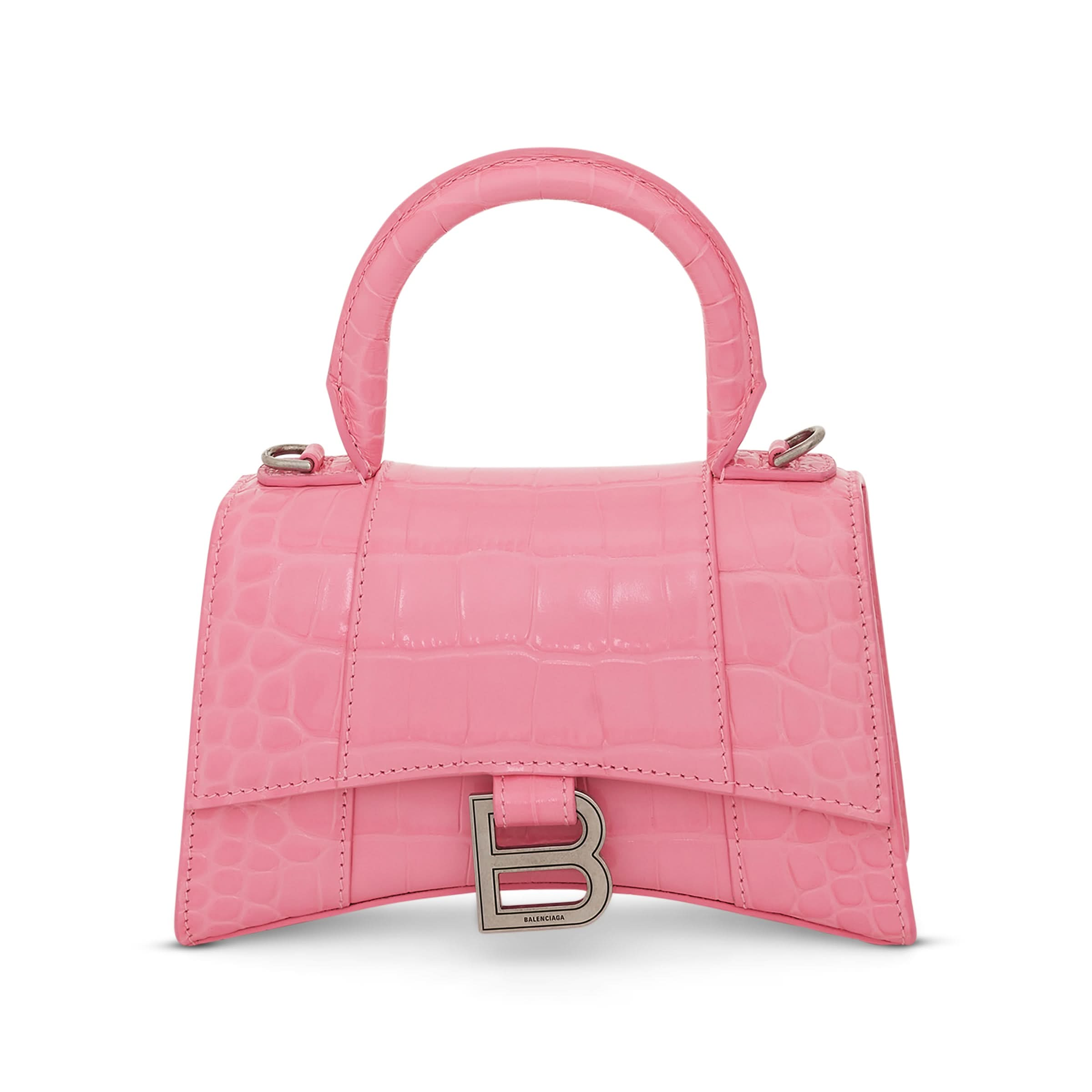 Hourglass XS Croco Embossed Bag in Sweet Pink