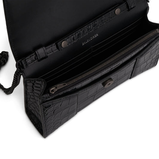 Hourglass Wallet on Chain in Black Shiny Croco