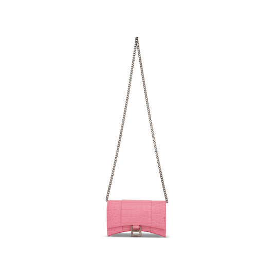 Hourglass Embossed Croco Wallet On Chain in Sweet Pink