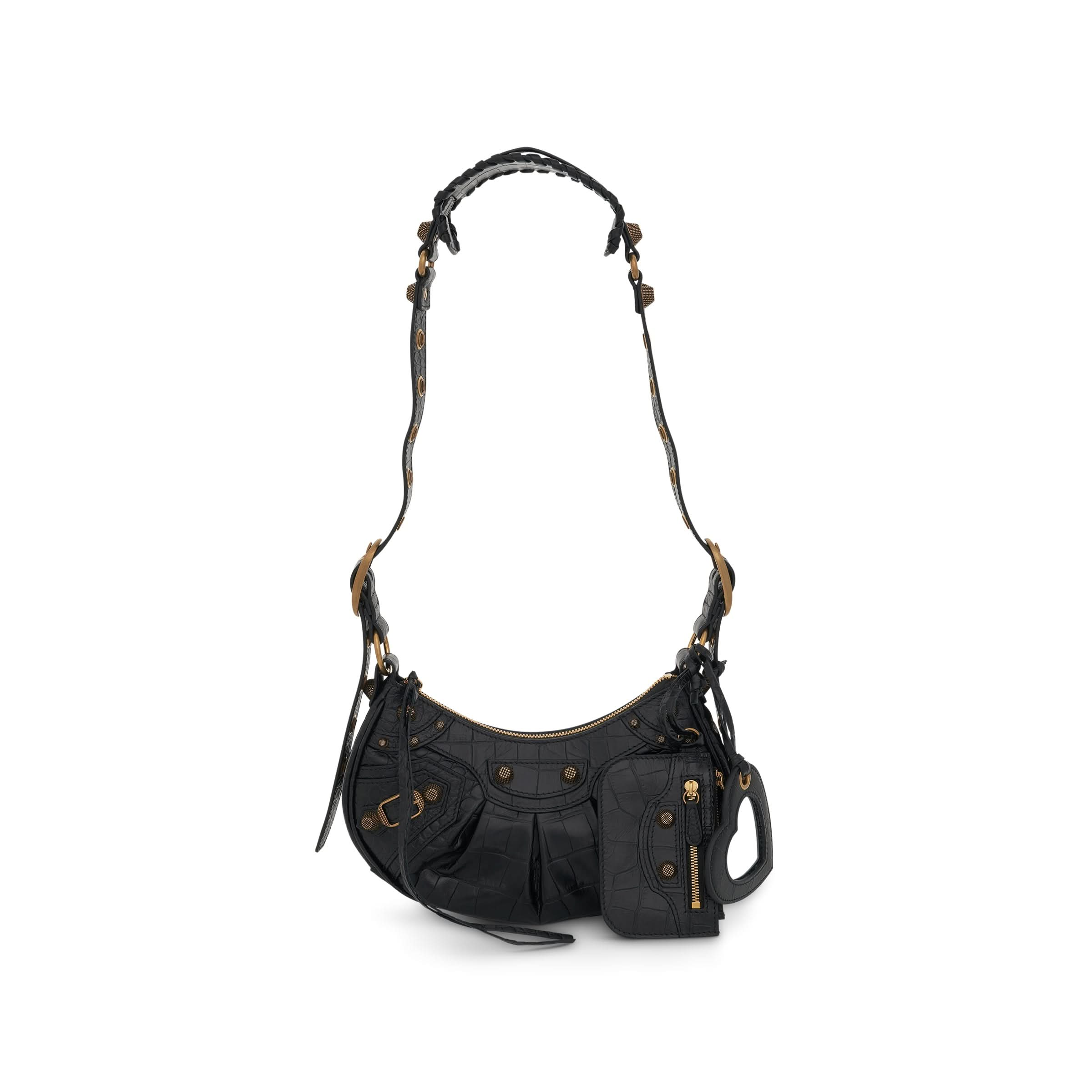 Le Cagole Embossed Croco Shoulder Bag XS in Black