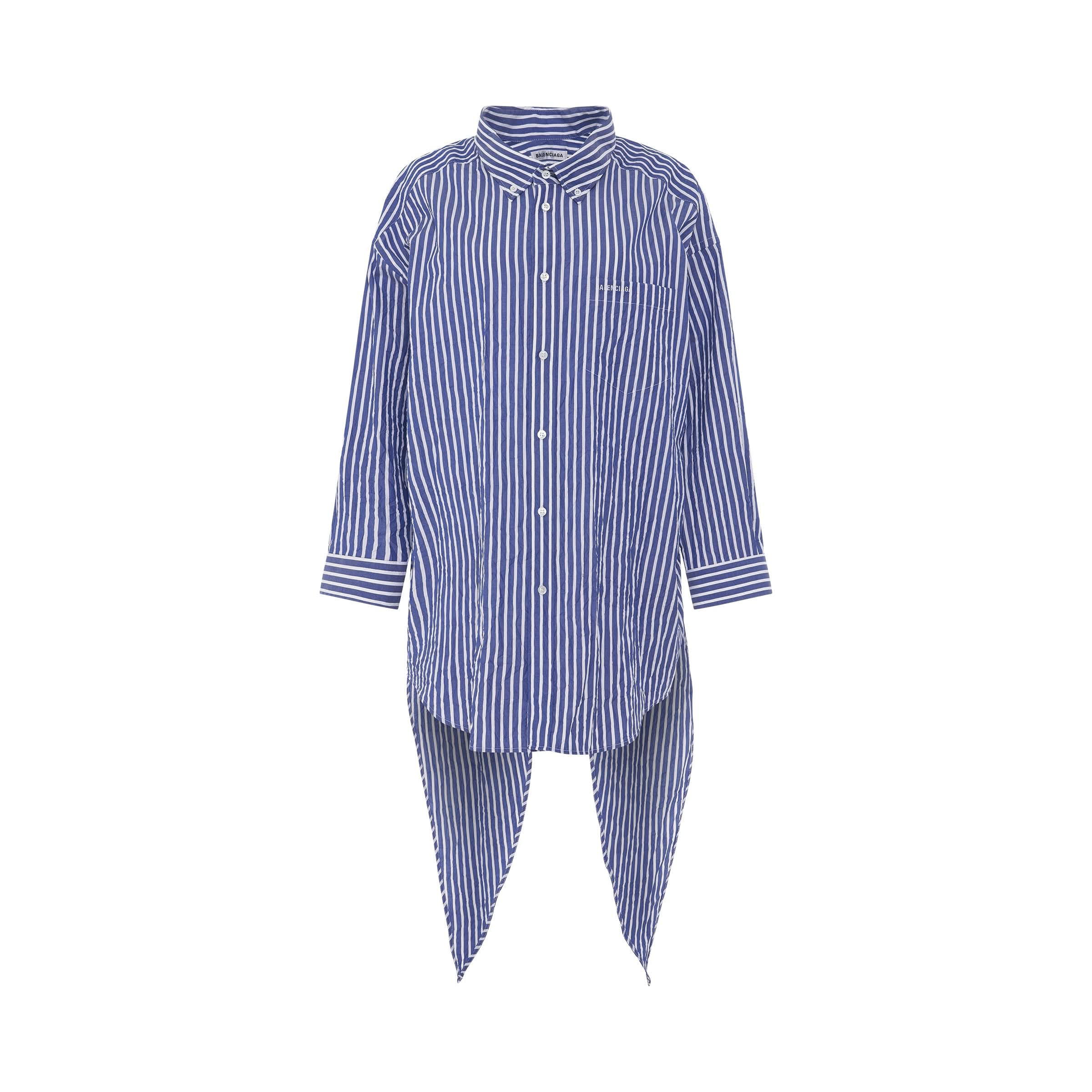 Crinkled Stripe Poplin Knotted Shirt in Blue/White