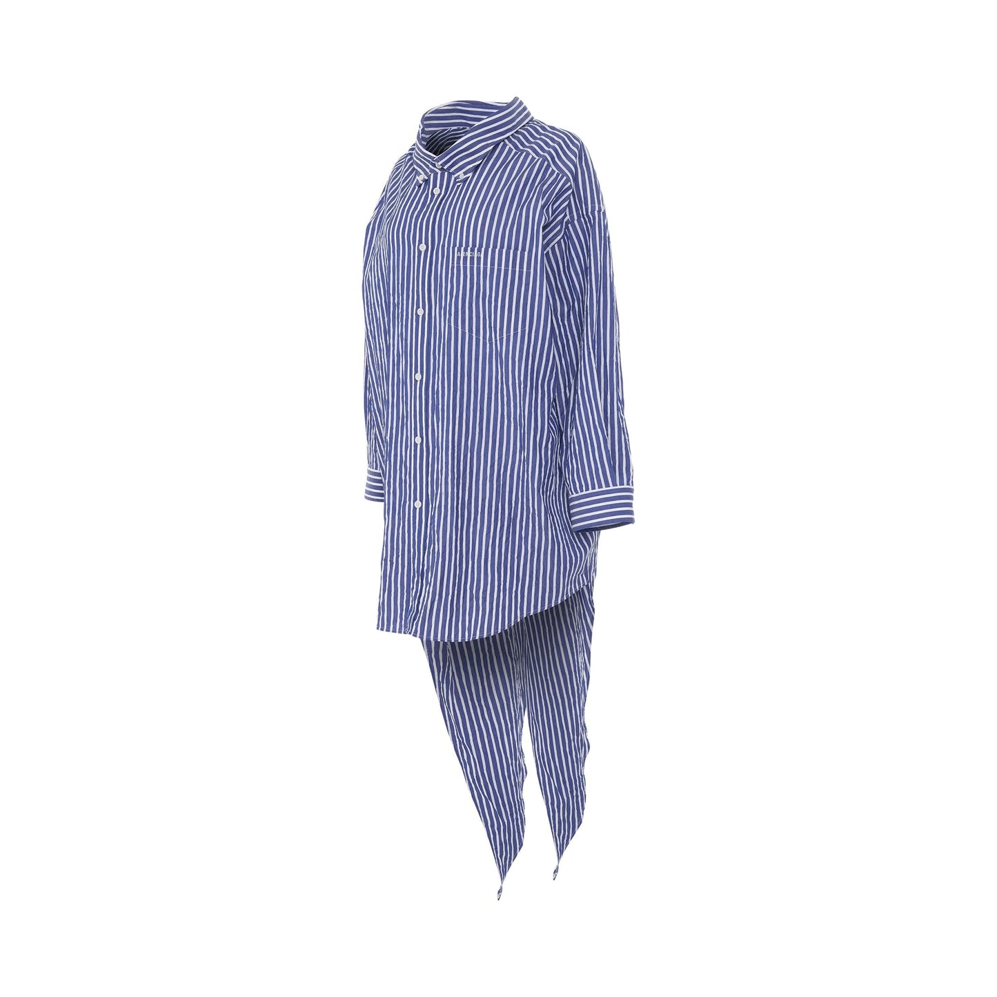 Crinkled Stripe Poplin Knotted Shirt in Blue/White