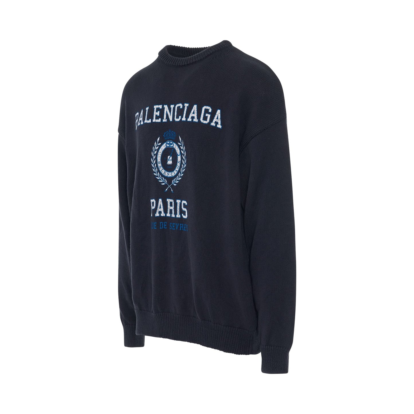 College Crest Knit Long Sleeve Crewneck in Navy/White