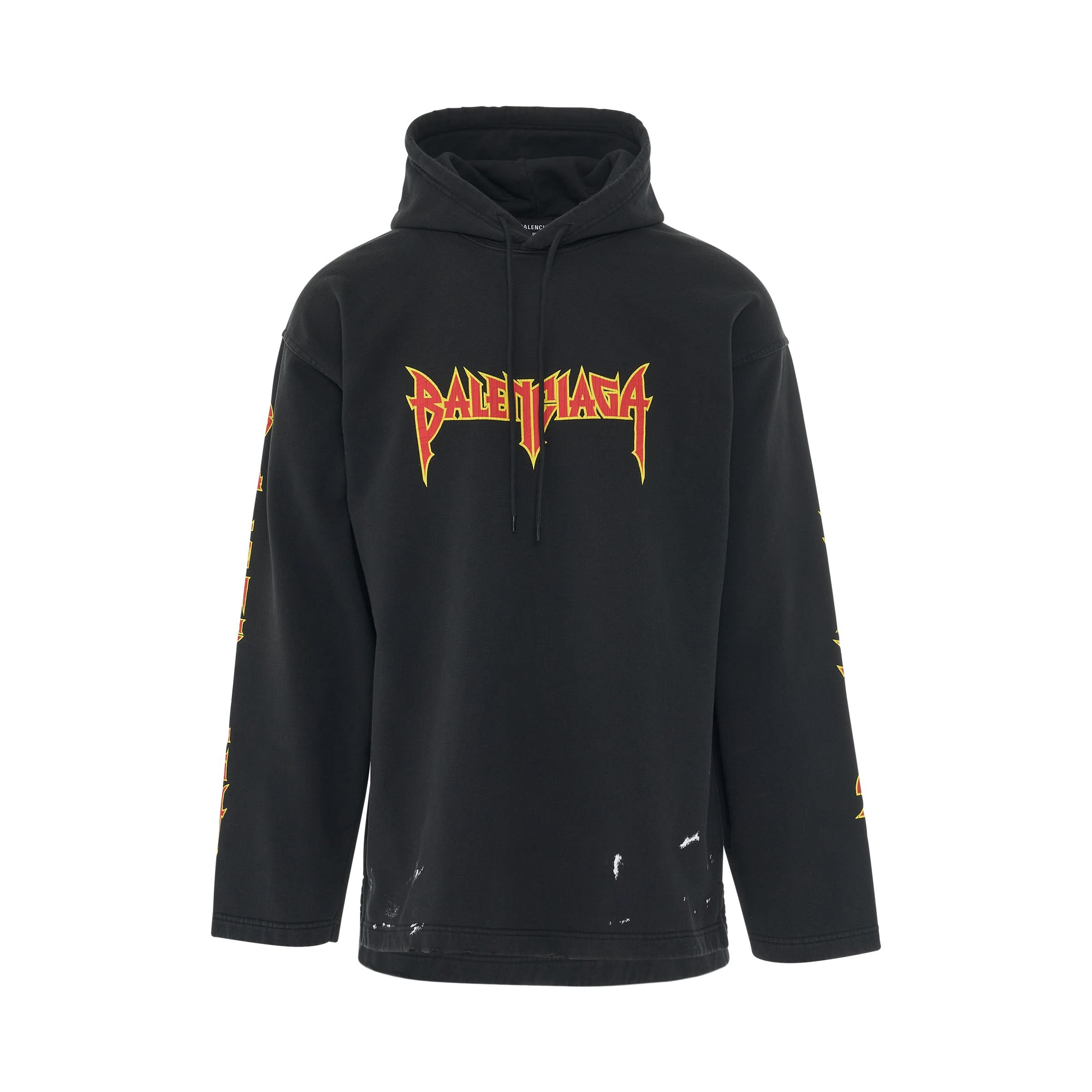 No Rib Metal Print Fleece Hoodie in Washed Black