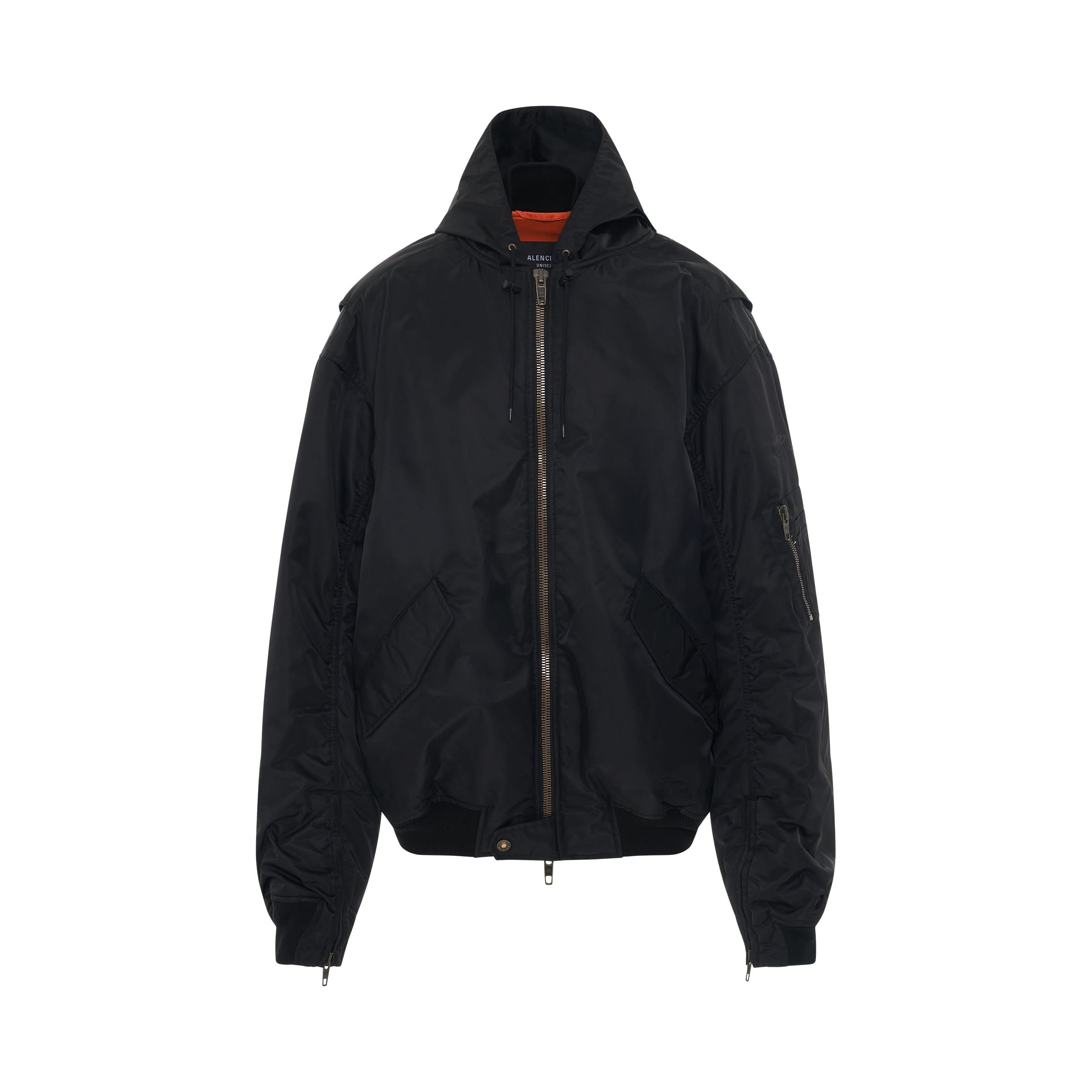 Nylon Light Bomber Jacket with Hood in Black