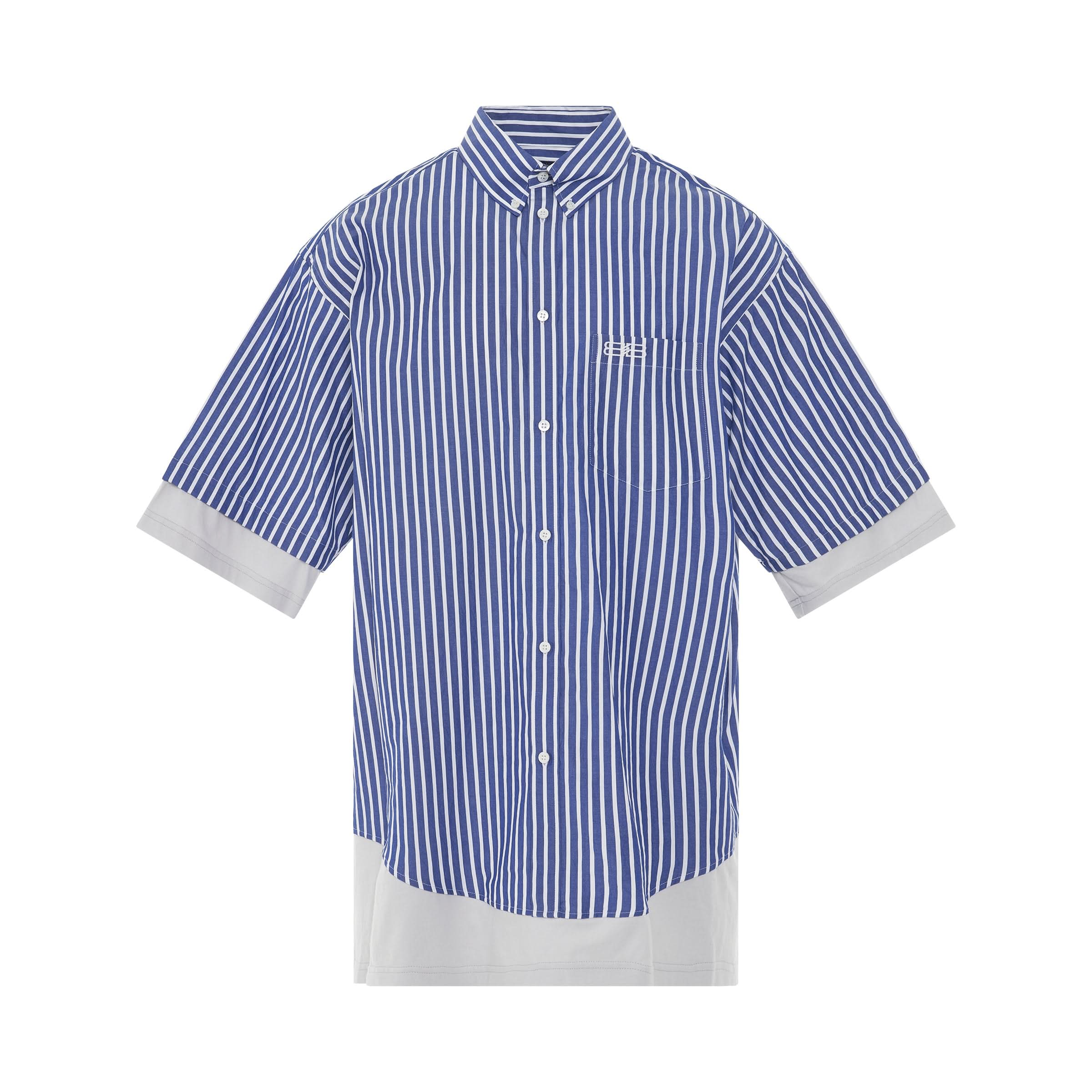 Crinkled Stripe Poplin Layered Shirt in Blue/White