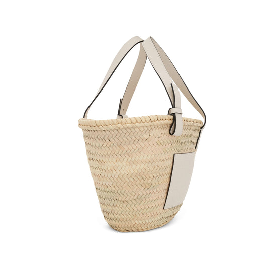 Medium Palm Leaf and Calfskin Basket Bag in Natural/White