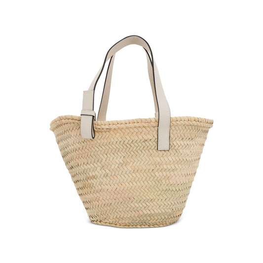 Medium Palm Leaf and Calfskin Basket Bag in Natural/White