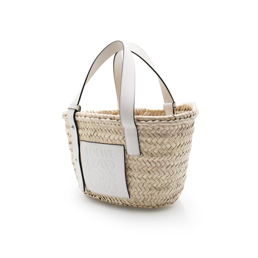 Small Basket Bag in Palm Leaf and Calfskin in Natural/White