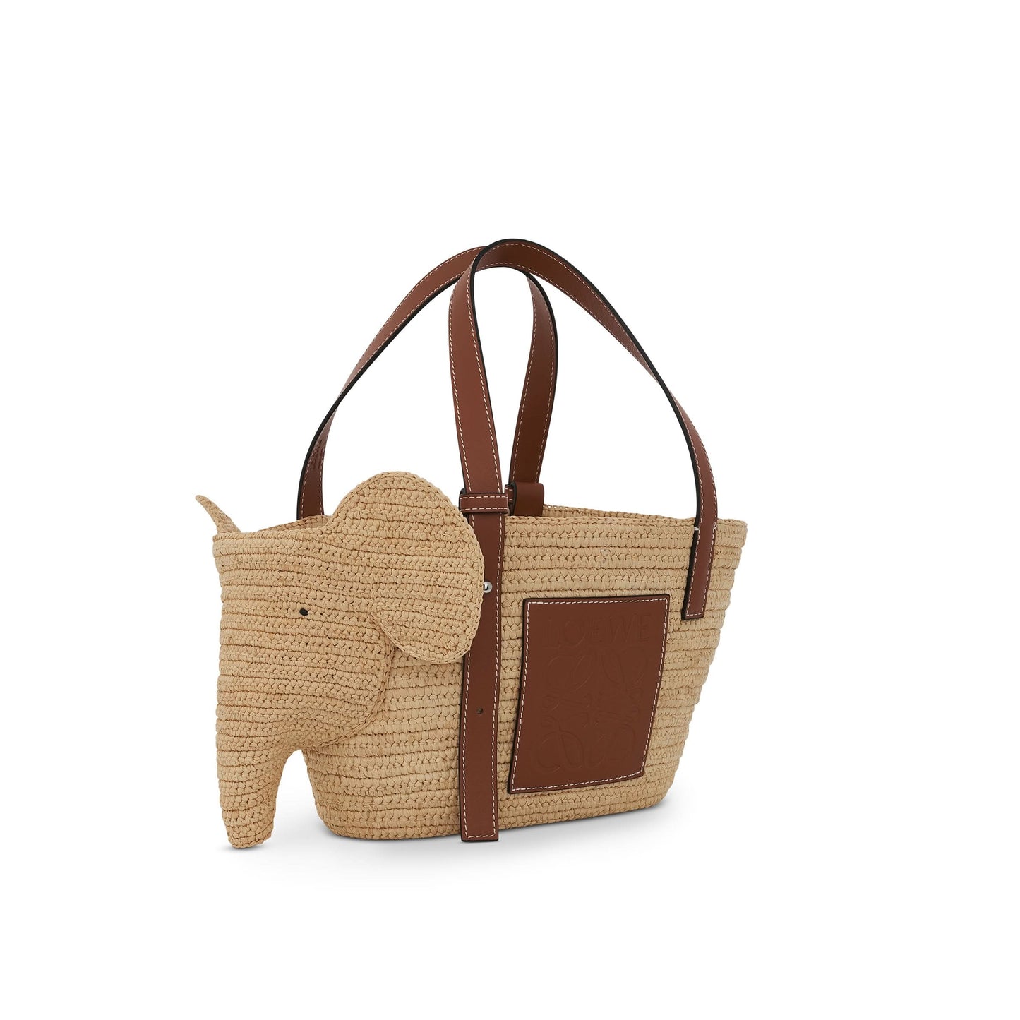 Small Elephant Basket Bag in Raffia and Calfskin in Natural/Tan