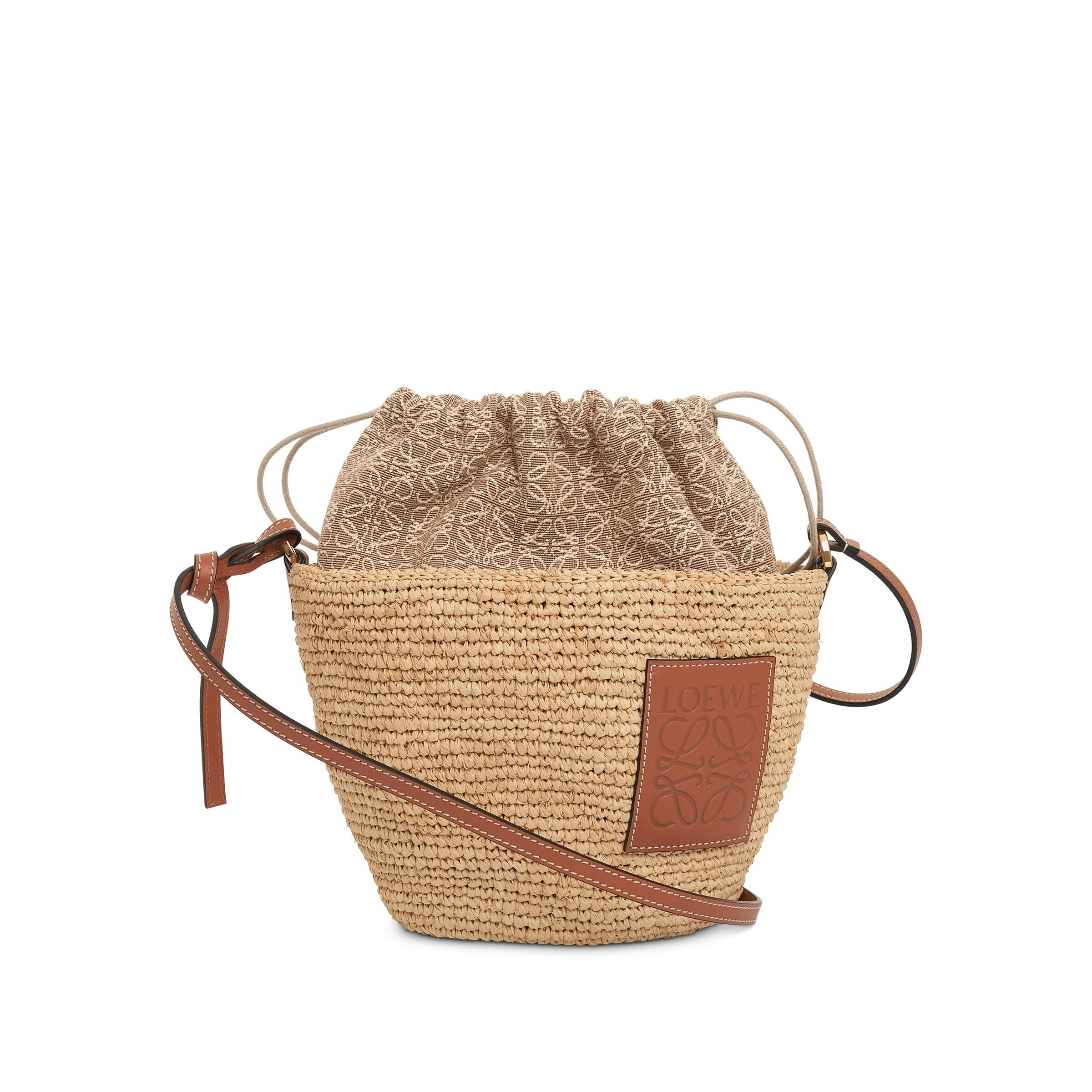 Anagram Pochette Basket Bag in Raffia Jacquard and Calfskin in Natural