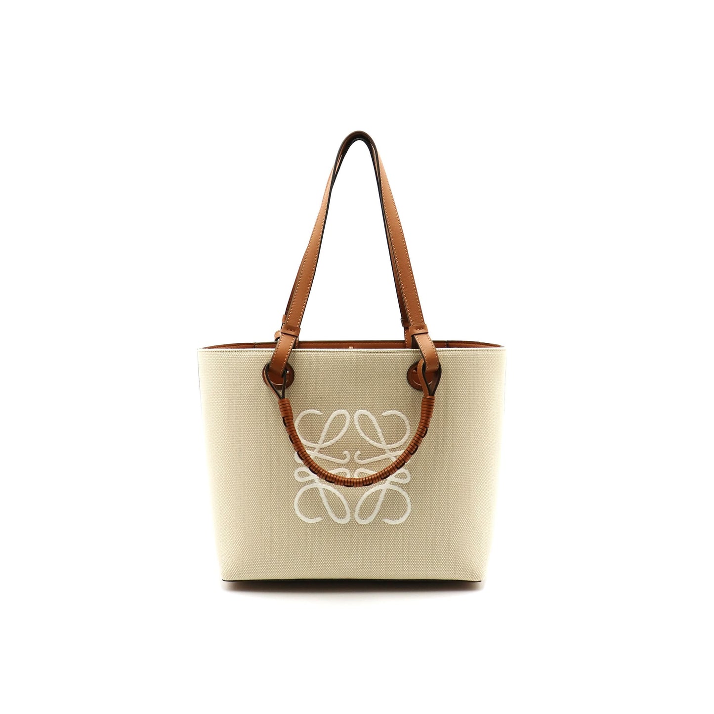 Small Anagram Tote Bag in Jacquard and Calfskin in Ecru/Tan