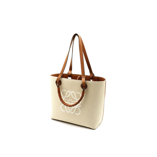 Small Anagram Tote Bag in Jacquard and Calfskin in Ecru/Tan