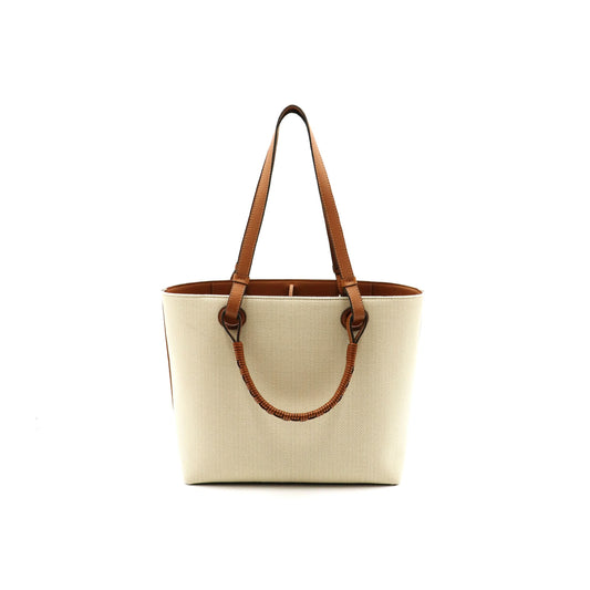 Small Anagram Tote Bag in Jacquard and Calfskin in Ecru/Tan