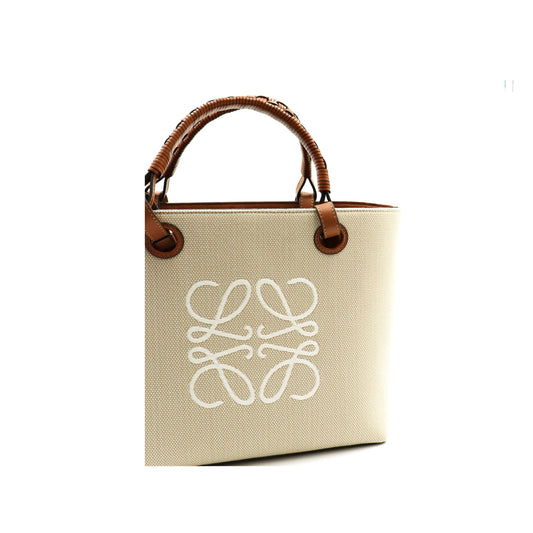 Small Anagram Tote Bag in Jacquard and Calfskin in Ecru/Tan