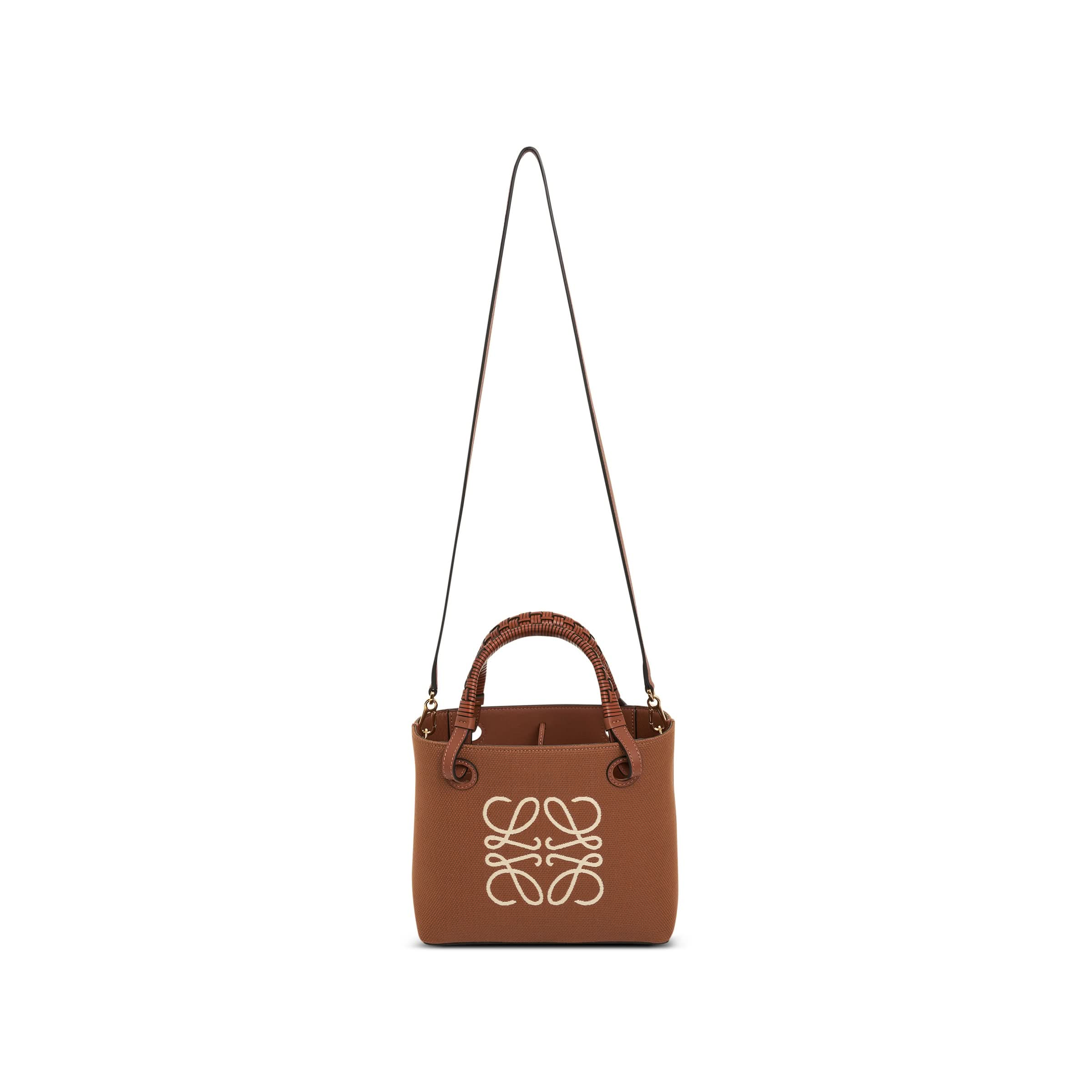 Mini Anagram Tote Bag in Jacquard and Calfskin in Tan