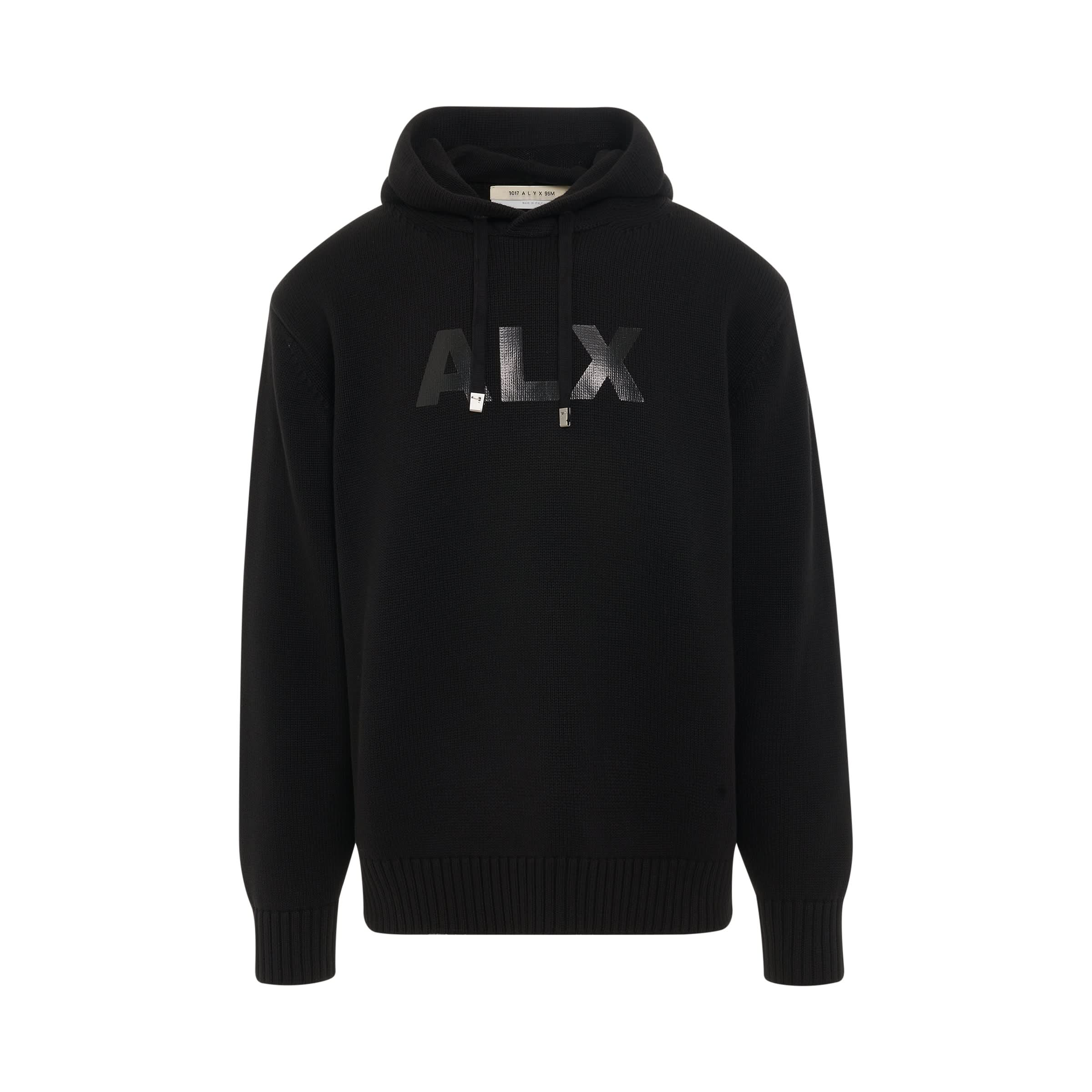 Logo Print Knit Hoodie in Black