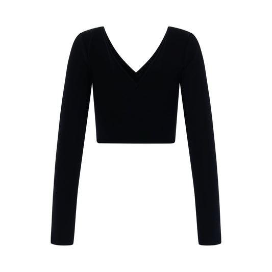 Long Sleeves Cropped V Neck Top in Black