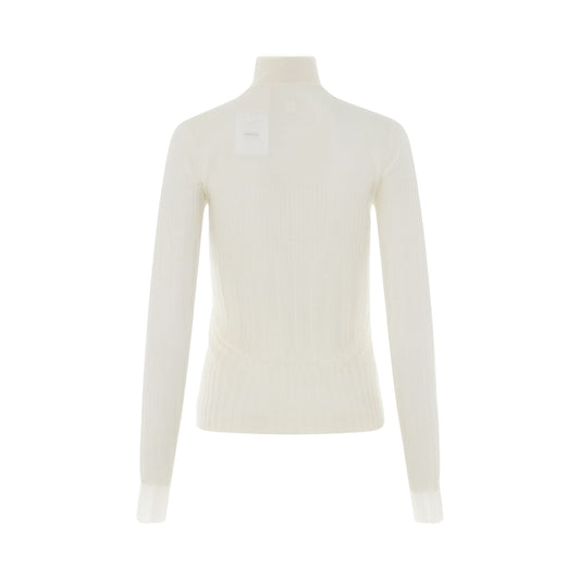 Long Sleeve Cyclist Neck Ribbed Sweater in Ivory