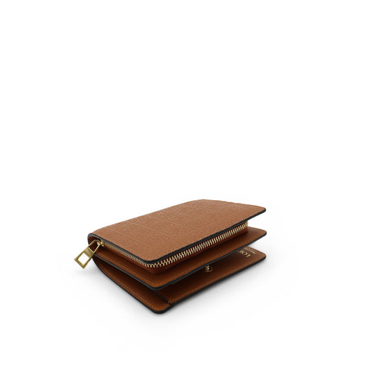 Repeat Compact Zip Wallet in Embossed Calfskin in Tan