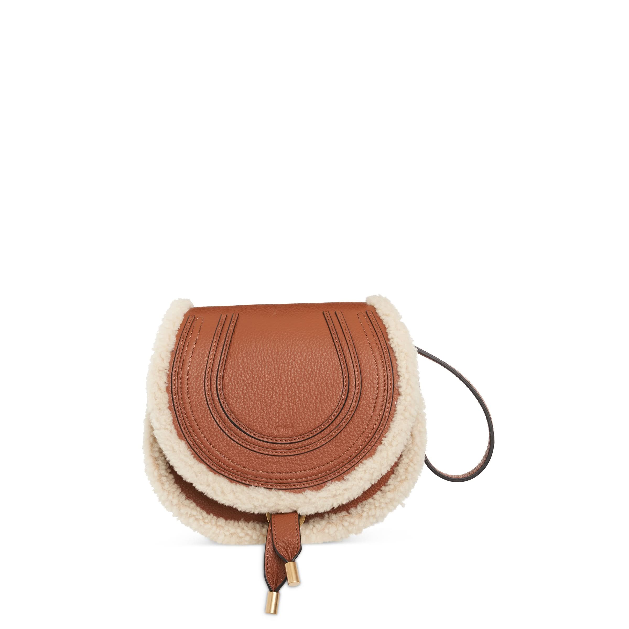 Marcie Saddle Mini Bag in Grained Calfskin and Shearling in Tan