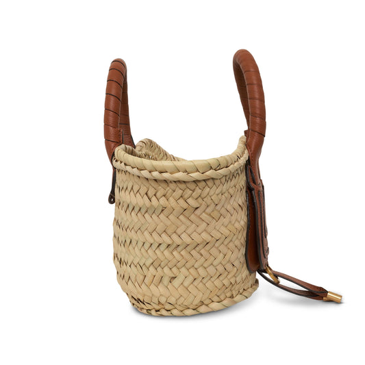 Small Marcie Basket Bag in Raffia Embellished Calfskin in Tan