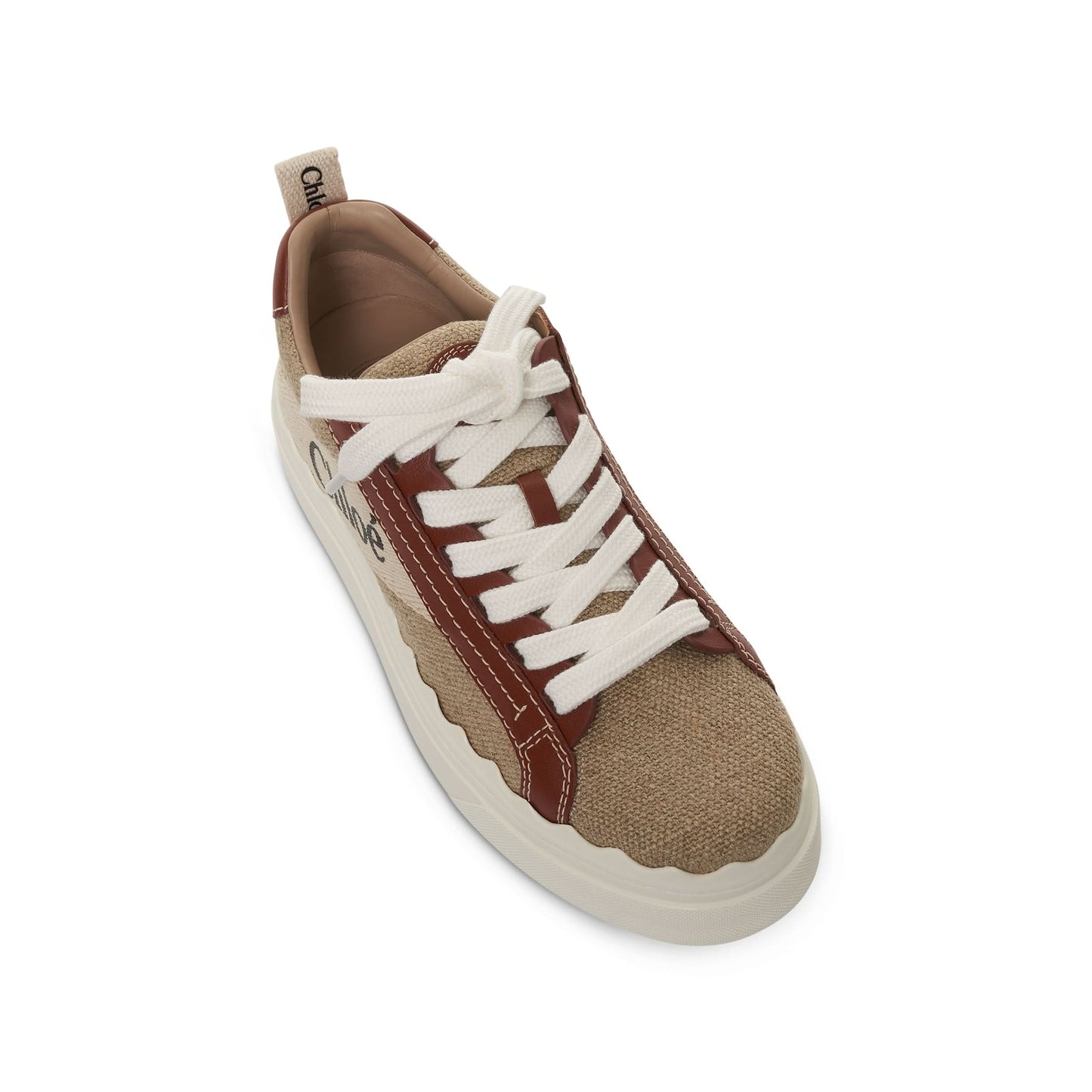 Lauren Sneaker in Linen and Calfskin in White/Brown