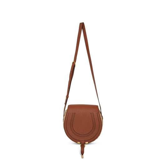 Mini Marcie Saddle Bag in Raffia 
Calfskin in Tan