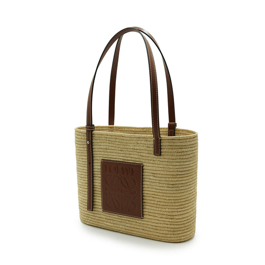 Small Square Basket Bag in Raffia and Calfskin in Natural